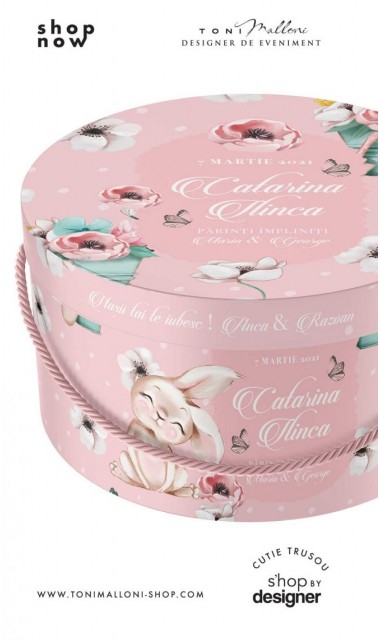 Cutie trusou rotunda botez roz cu iepurasi flori si motive de primavara Spring  1
